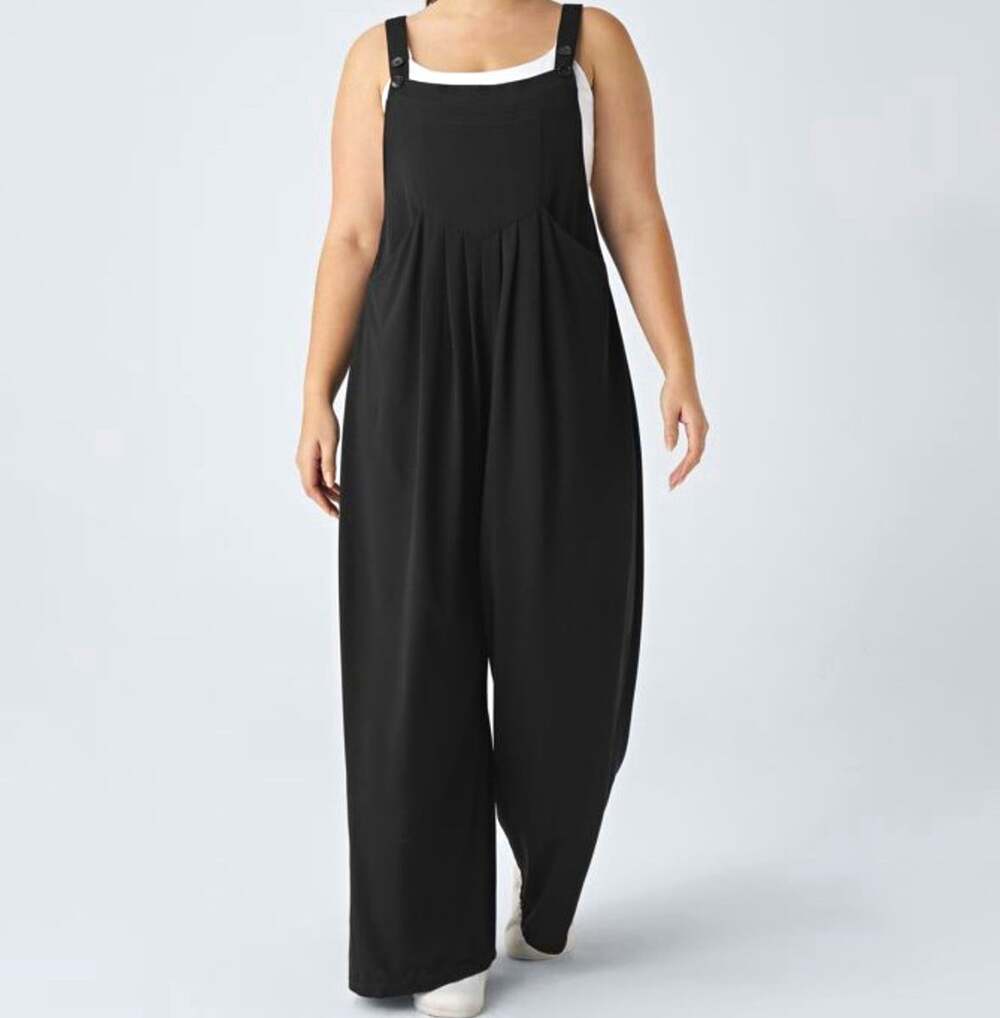 Halara Women's Black Wide-Leg Jumpsuit Sz XL Square Neck Button Strap Pockets